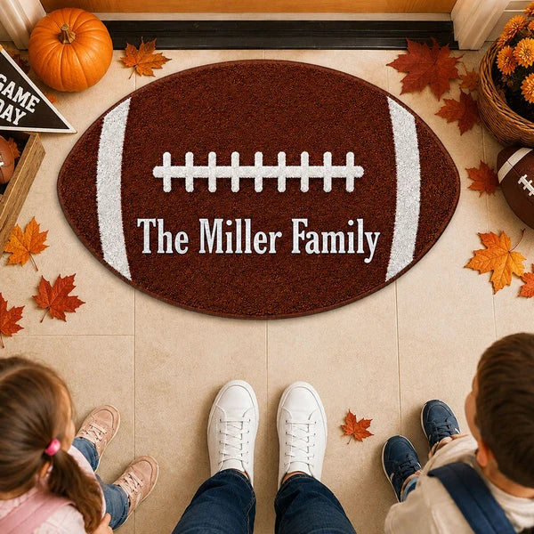 Personalized Football Shaped Doormat, Custom Family Entryway Decor, Unique Gift for Football Fans