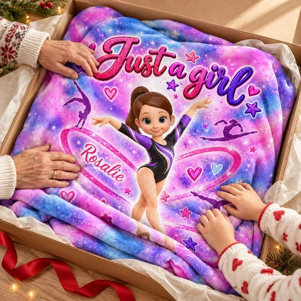 Personalized Fleece Blanket, Posing Cartoon Gymnast in Pink Galaxy Style, Unique Gift for Daughter