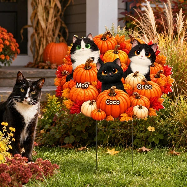 Personalized Shaped Yard Sign with Cartoon Cats and Orange Pumpkins, Unique Autumn Gift for Cat Lovers
