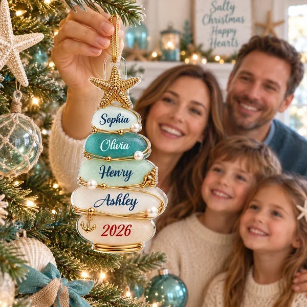 Personalized Acrylic Ornament, Coastal Stone Christmas Tree & Starfish, Unique Family Gift