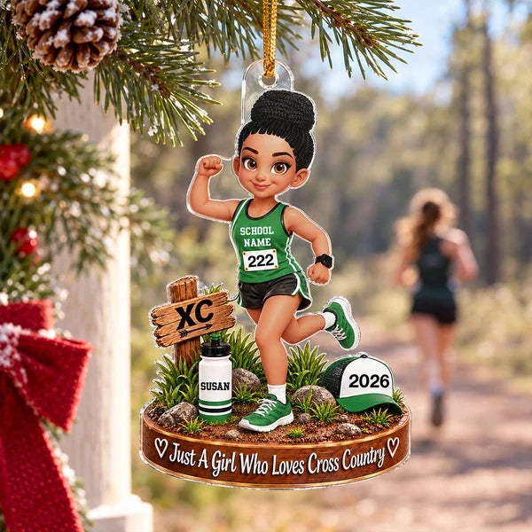 Personalized Acrylic Ornament, Colorful Cartoon Cross-Country Runner on a Trail, Unique Christmas Gift for Daughter