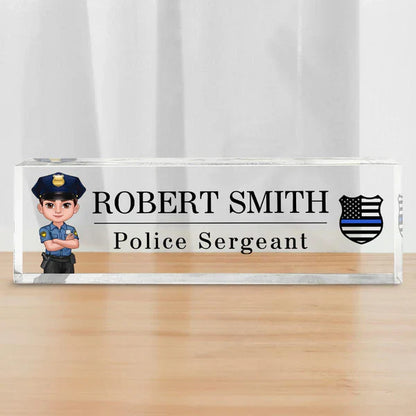 Personalized Acrylic Block Plaque, Cartoon Police Officer Desk Name Plate, Unique Gift for Officer
