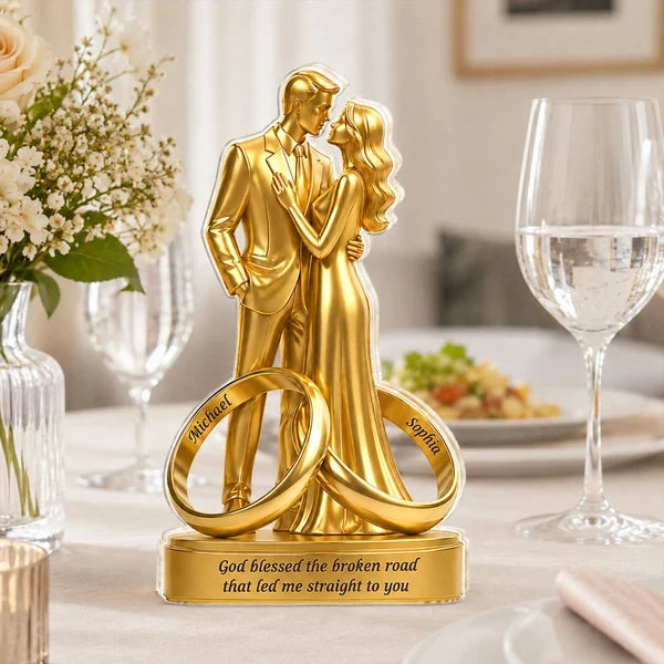 Shaped Acrylic Block Plaque, Personalized Golden Couple & Rings, Creative Romantic Gift for Spouse