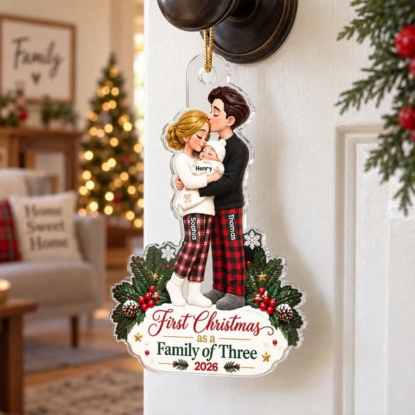 Personalized Acrylic Ornament, Hugging Parents and Baby at Christmas, Unique Gift for New Parents