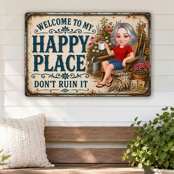 Personalized Rectangular Iron Sign with Relaxing Gardener, Vintage Happy Place Decor, Unique Gift for Mom