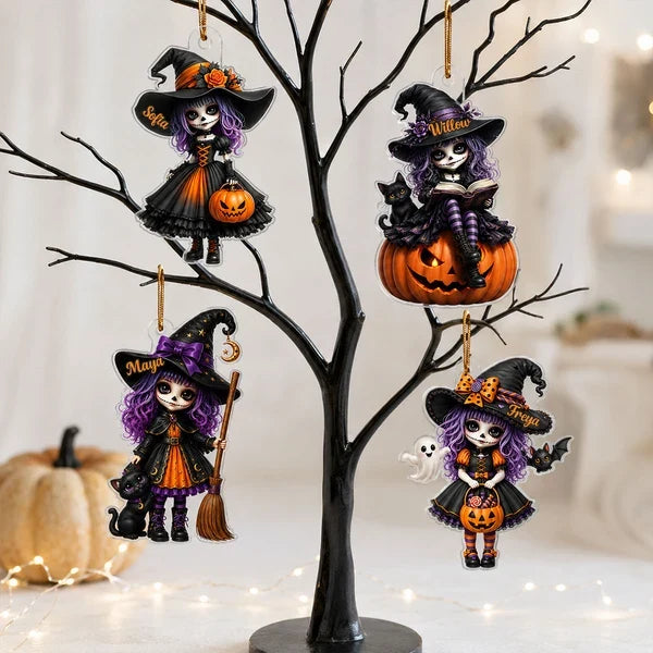 Personalized Acrylic Ornament, Little Witch On Pumpkin With Black Cat, Unique Halloween Gift For Daughter