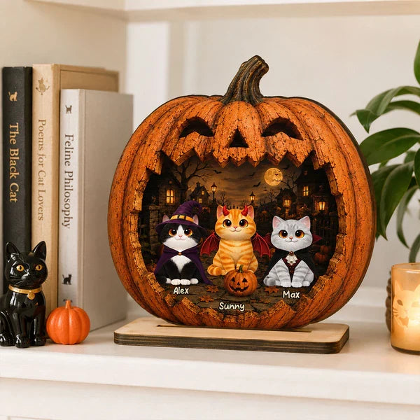 Custom 2-Layer Wooden Plaque, Moonlit Pumpkin Cat Keepsake, Unique Creative Gift for Pet Owners