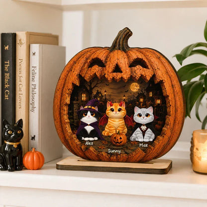 Custom 2-Layer Wooden Plaque, Moonlit Pumpkin Cat Keepsake, Unique Creative Gift for Pet Owners