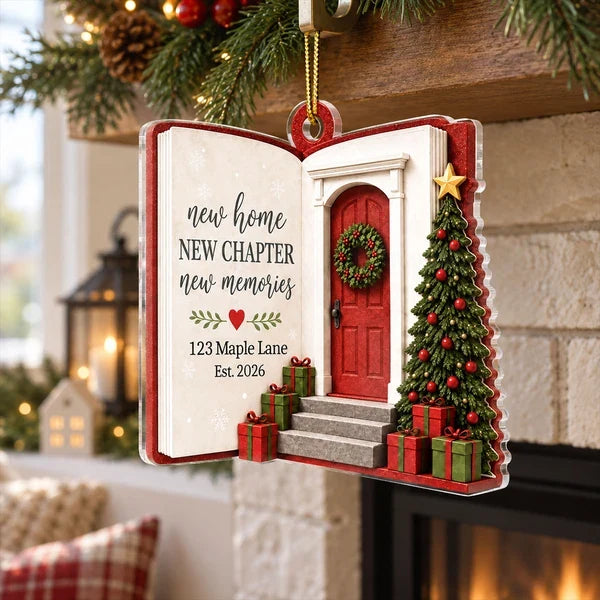Personalized Acrylic Ornament, Red Door and Christmas Tree New Home Scene, Unique Housewarming Gift for Family