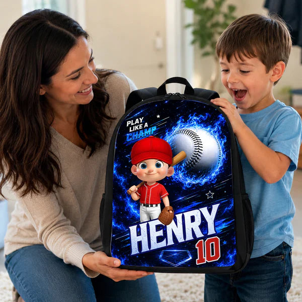 Personalized Kids School Backpack With Baseball Cartoon Player, Unique Back to School Gift for Son or Daughter