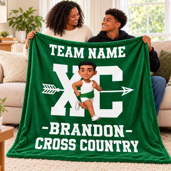Personalized Cross Country Fleece Blanket, Red Cartoon Runner Design, Unique Gift for Runners