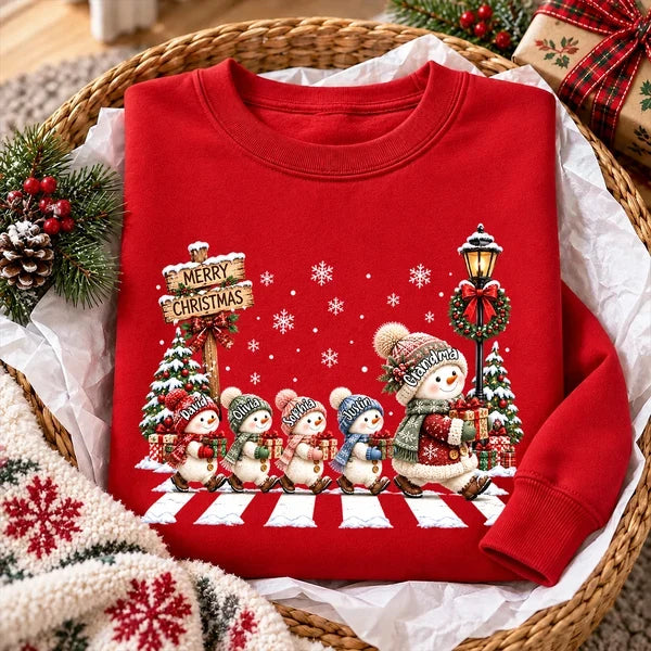 Personalized Sweatshirt, Grandma and Grandkids Walking on a Snowy Street, Unique Christmas Gift for Grandma