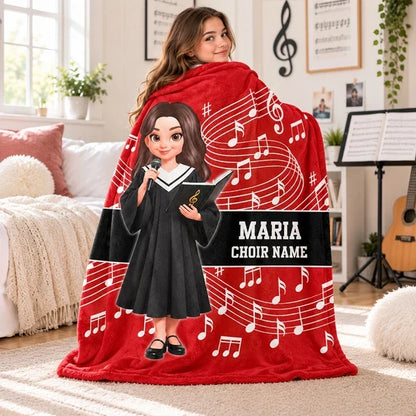 Personalized Fleece Blanket, Red Choir Graduate Holding a Microphone, Unique Music Gift for Singers