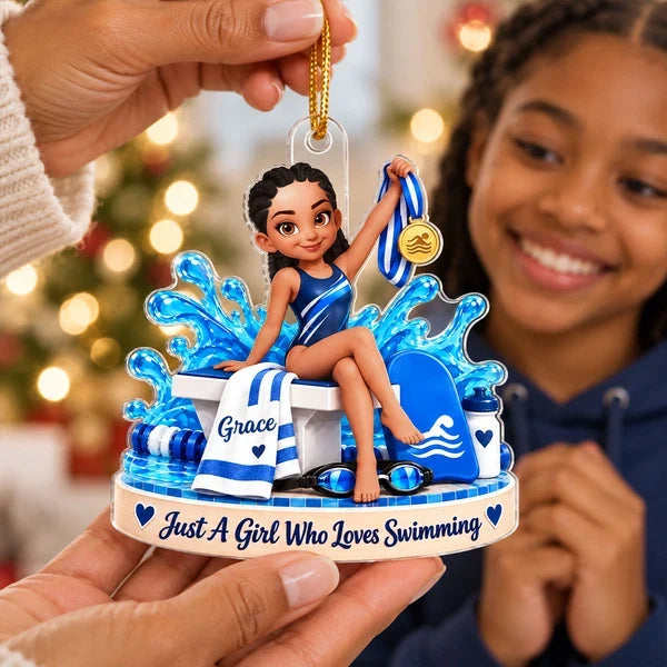 Personalized Acrylic Ornament, Girl Swimmer Holding a Medal in Blue Splashes, Unique Gift for Swimmers