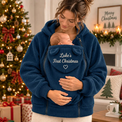 Personalized Embroidered Babywearing Hoodie, Mother Carrying Baby at Christmas, Unique Gift for New Mom