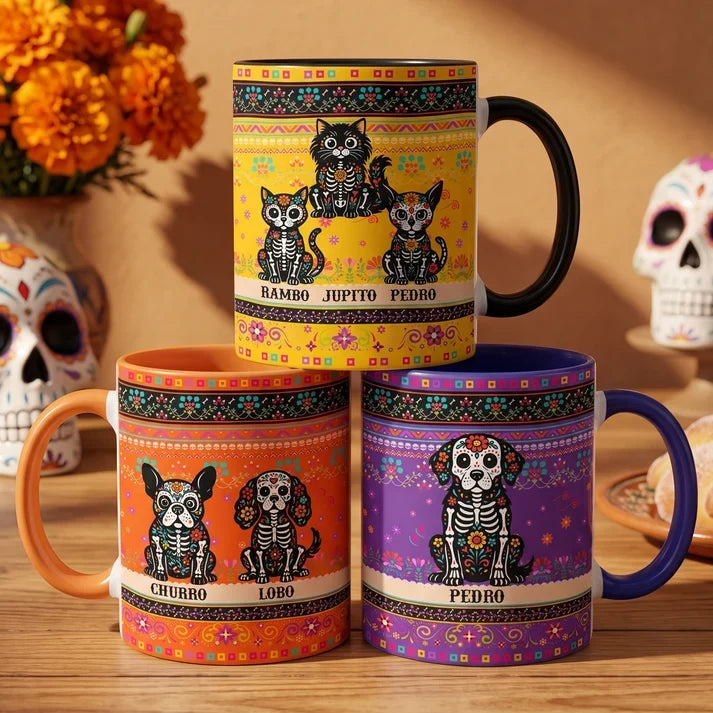 Personalized Day of the Dead Pet Ceramic Mug, Sitting Dog or Cat Portrait, Unique Gift for Pet Owners