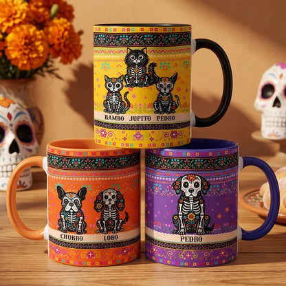 Personalized Day of the Dead Pet Ceramic Mug, Sitting Dog or Cat Portrait, Unique Gift for Pet Owners