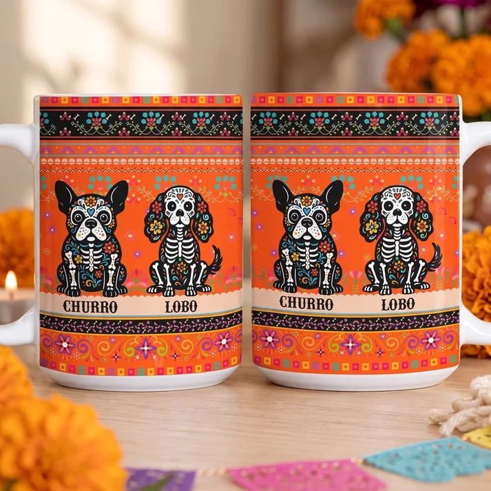 Personalized Day of the Dead Pet Ceramic Mug, Sitting Dog or Cat Portrait, Unique Gift for Pet Owners