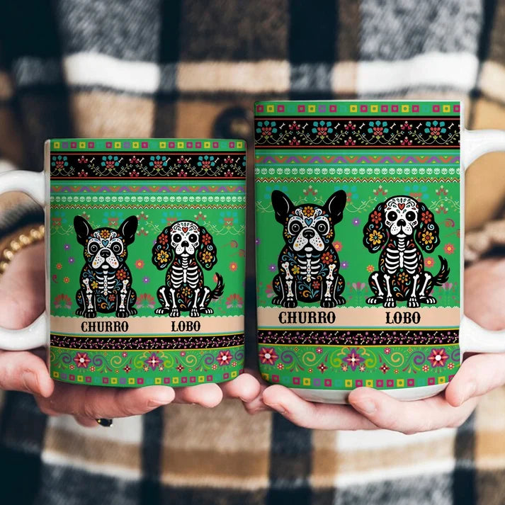 Personalized Day of the Dead Pet Ceramic Mug, Sitting Dog or Cat Portrait, Unique Gift for Pet Owners