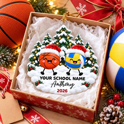Personalized Acrylic Ornament, Cute Sports Balls in Santa Hats, Christmas Tree Decor, Unique Gift for Kids