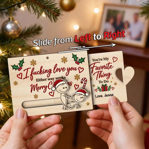 Personalized Wooden Sliding Ornament, Playfully Posing Cartoon Couple, Unique Christmas Gift for Partner