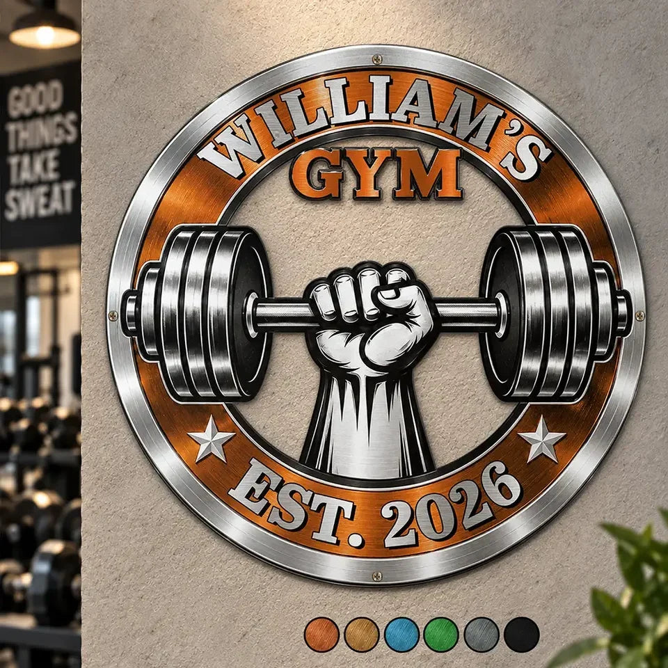 Personalized Shaped Metal Sign with Gripping Fist and Barbell, Unique Gift for Gym Lovers