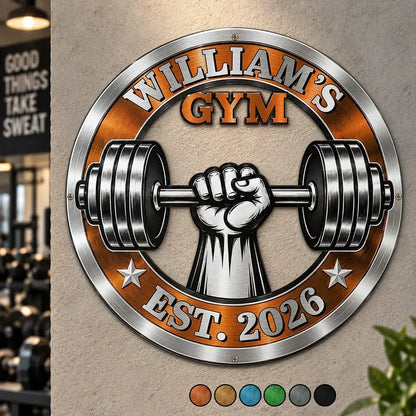 Personalized Shaped Metal Sign with Gripping Fist and Barbell, Unique Gift for Gym Lovers