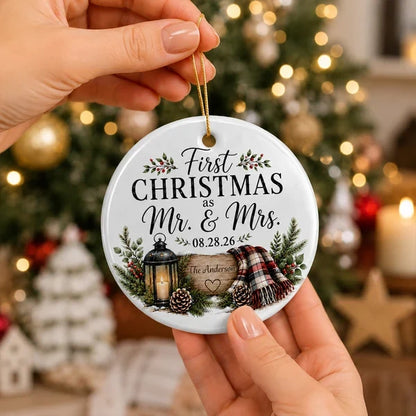 Personalized Ceramic Ornament, Rustic First Christmas as Mr & Mrs Keepsake, Unique Gift for Newlywed Couple