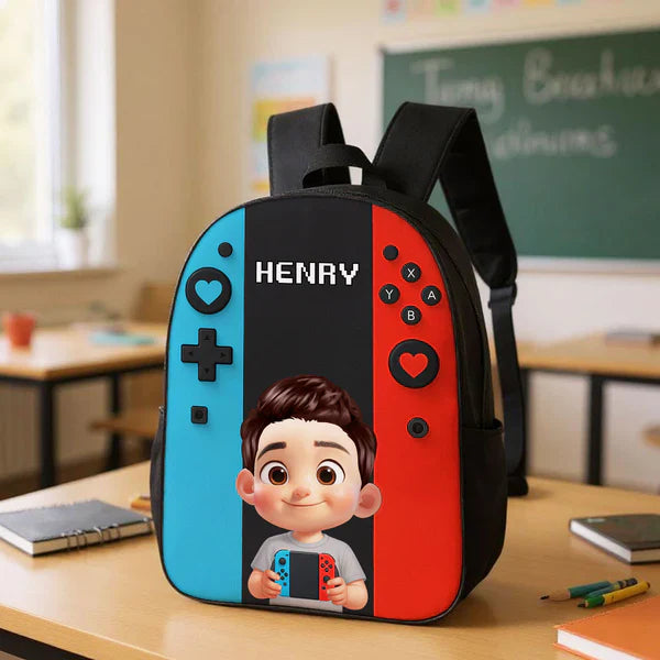Personalized Kids School Backpack, Blue & Red Gamer Cartoon Boy Holding Controller, Unique Gift for Kids