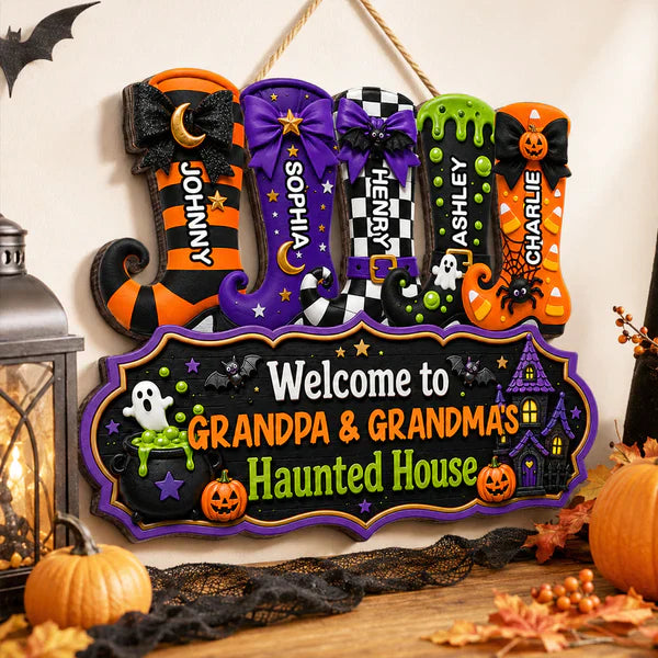 Personalized Wooden Sign With Witch Boots For Grandparents, Halloween Haunted House Creative Gift