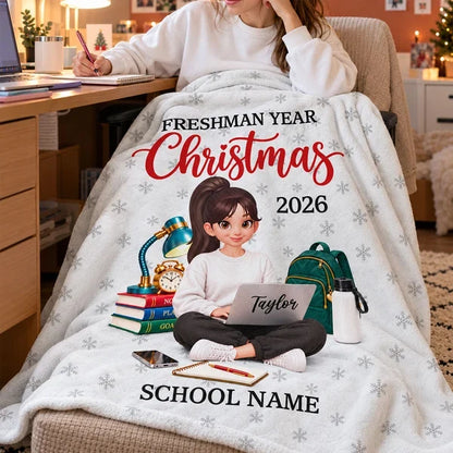 Personalized Fleece Blanket, Freshman Student Studying With Laptop, Unique Christmas Gift
