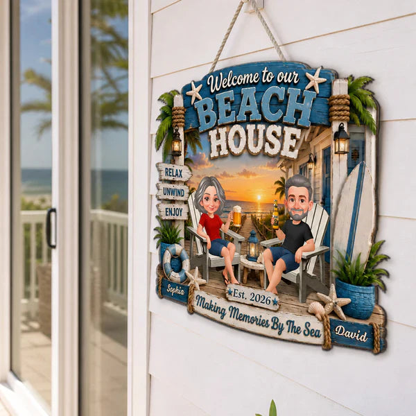 Personalized Wooden Sign, Sitting Couple Beach Sunset, Welcome to Our Beach House Unique Gift For Couple