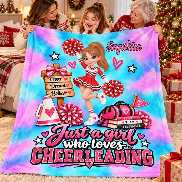 Cheerleading Fleece Blanket with Posing Cheerleader, Personalized Encouraging Creative Gift for Granddaughter