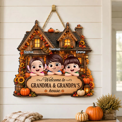 Wooden Sign with Welcome to Grandma & Grandpa's House, Cozy Autumn Cottage, Unique Creative Gift from Family