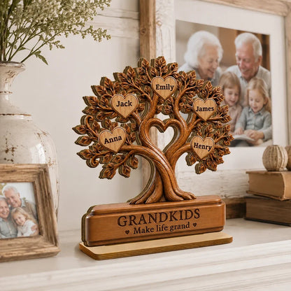 Grandkids Make Life Grand Personalized 2-Layer Wooden Plaque, Warm Brown Family Tree, Unique Gift for Grandparents