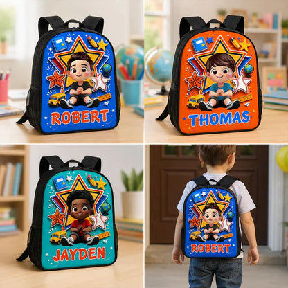 Personalized Kids School Backpack with Sitting Cartoon Boy, Classroom Style, Creative Gift for Son