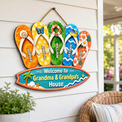 Wooden Sign with Sunny Flip Flops, Welcome to Grandma & Grandpa's House, Unique Creative Family Gift