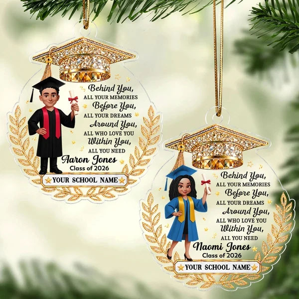 Personalized Acrylic Ornament, Graduate Holding Diploma, Gold Laurel, Unique Graduation Gift for Her, Him