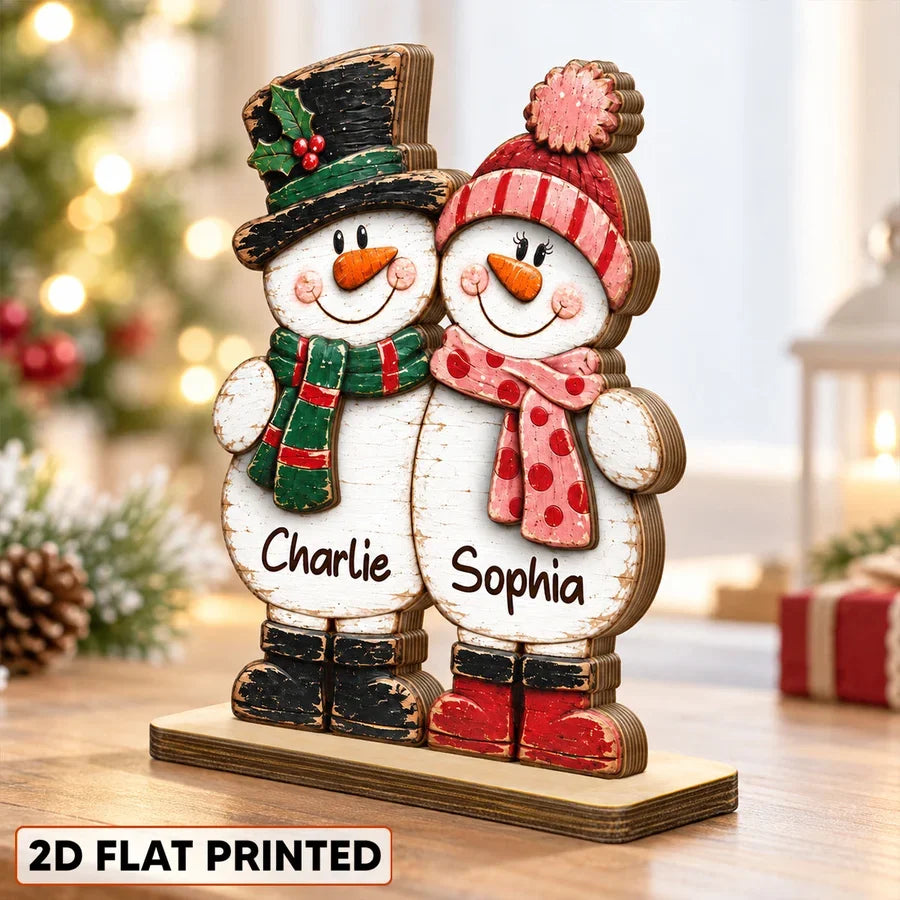 Personalized 2-Layer Wooden Plaque, Rustic Snowman Couple Standing Together, Unique Christmas Gift for Couples