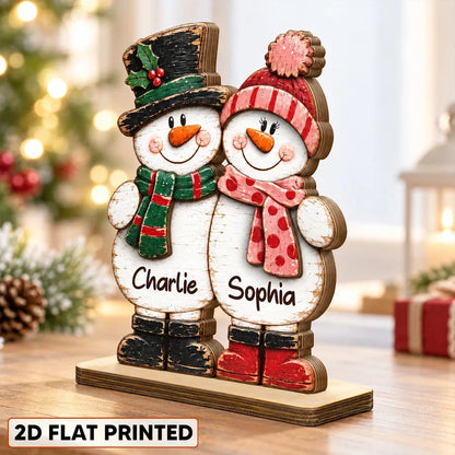 Personalized 2-Layer Wooden Plaque, Rustic Snowman Couple Standing Together, Unique Christmas Gift for Couples