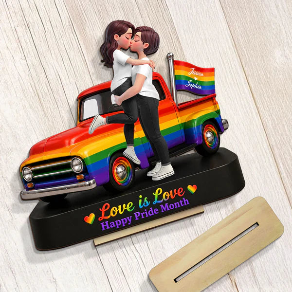 Personalized 2-Layer Wooden Plaque, LGBT Couple Rainbow Truck, Unique Gift for Couple, Pride Decor