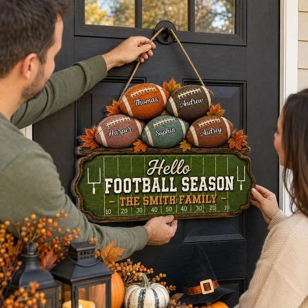 Personalized Wooden Sign, Rustic Football Family Decor with Autumn Leaves, Unique Gift for Sports Fans