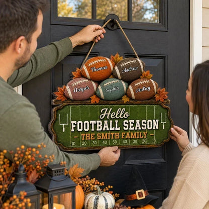 Personalized Wooden Sign, Rustic Football Family Decor with Autumn Leaves, Unique Gift for Sports Fans