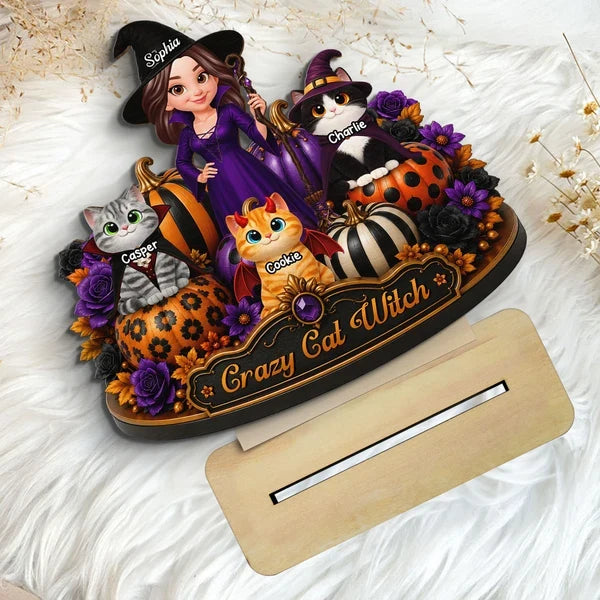Personalized 2-Layer Wooden Plaque, Witch Posing with Cats and Pumpkins, Unique Halloween Gift for Cat Lovers
