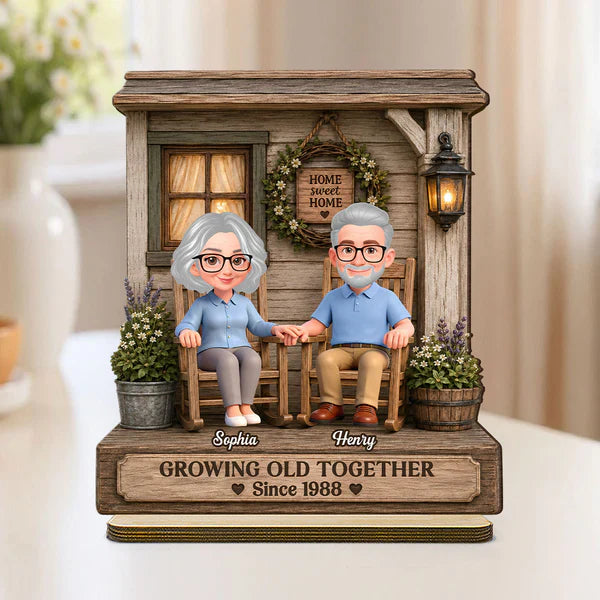 Growing Old Together 2-Layer Wooden Plaque, Rocking Chair Couple Holding Hands, Creative Anniversary Gift