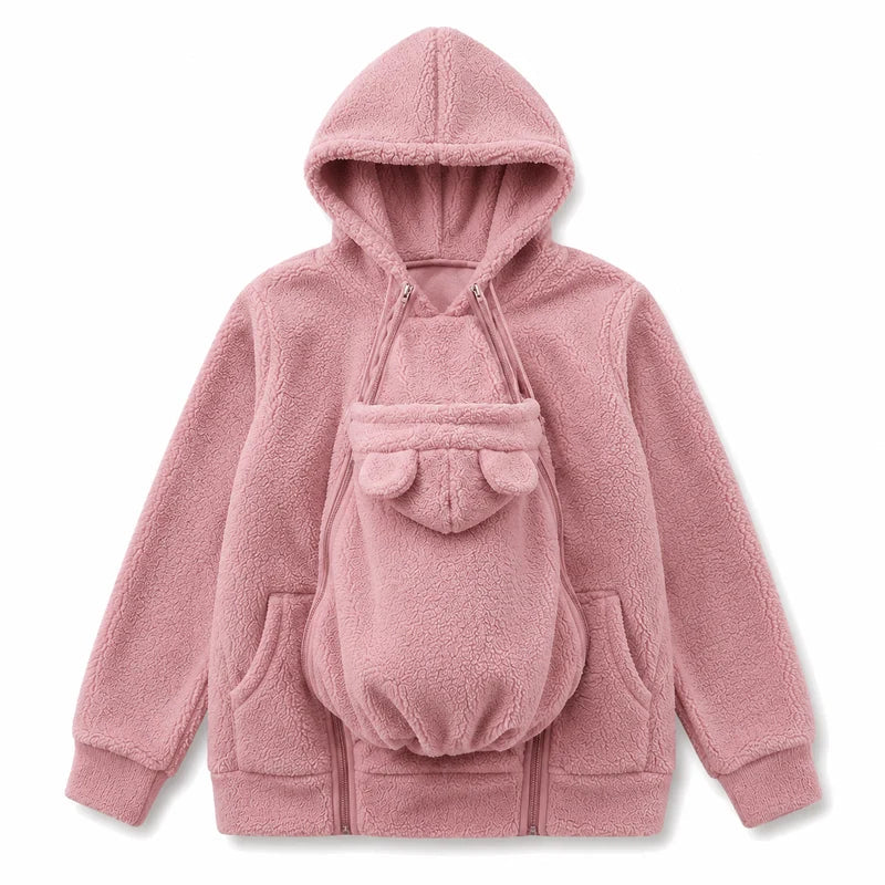 Personalized Embroidered Fleece Babywearing Hoodie, Mom Cuddling Baby in a Christmas Living Room, Unique Gift