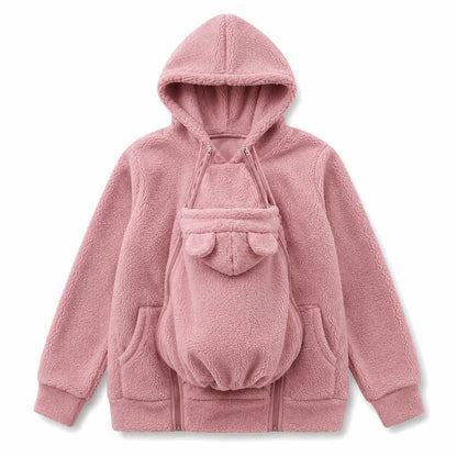 Personalized Embroidered Fleece Babywearing Hoodie, Mom Cuddling Baby in a Christmas Living Room, Unique Gift