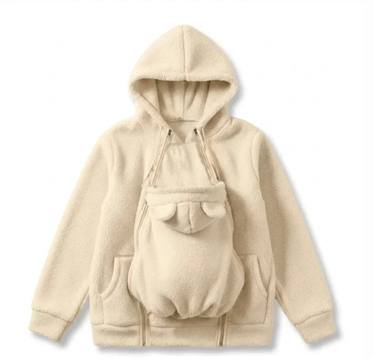 Personalized Embroidered Fleece Babywearing Hoodie, Mom Cuddling Baby in a Christmas Living Room, Unique Gift