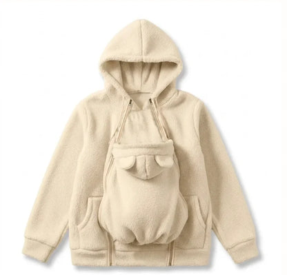 Personalized Embroidered Fleece Babywearing Hoodie, Mom Cuddling Baby in a Christmas Living Room, Unique Gift