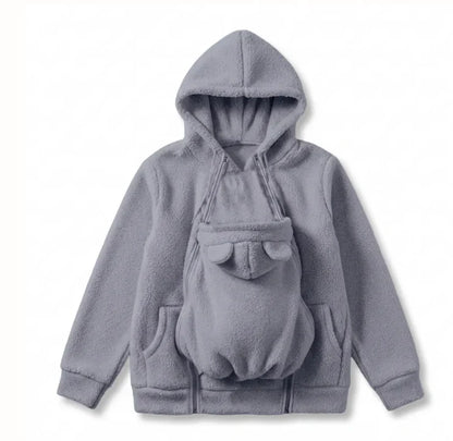 Personalized Embroidered Fleece Babywearing Hoodie, Mom Cuddling Baby in a Christmas Living Room, Unique Gift
